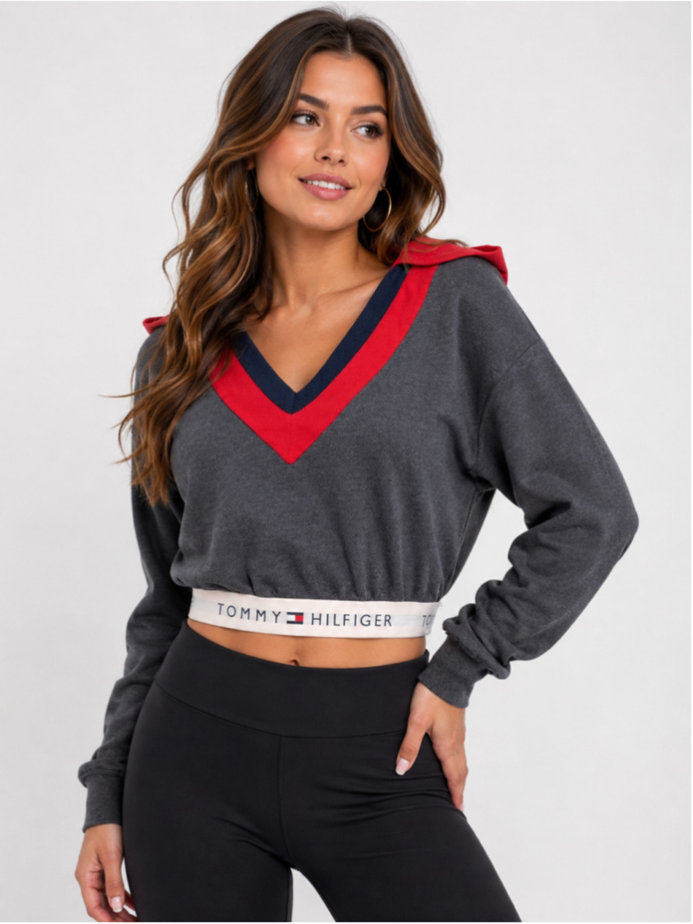 Women's Tommy Hilfiger Crop Hoodie Sweatshirt Size L Grey Red 1972